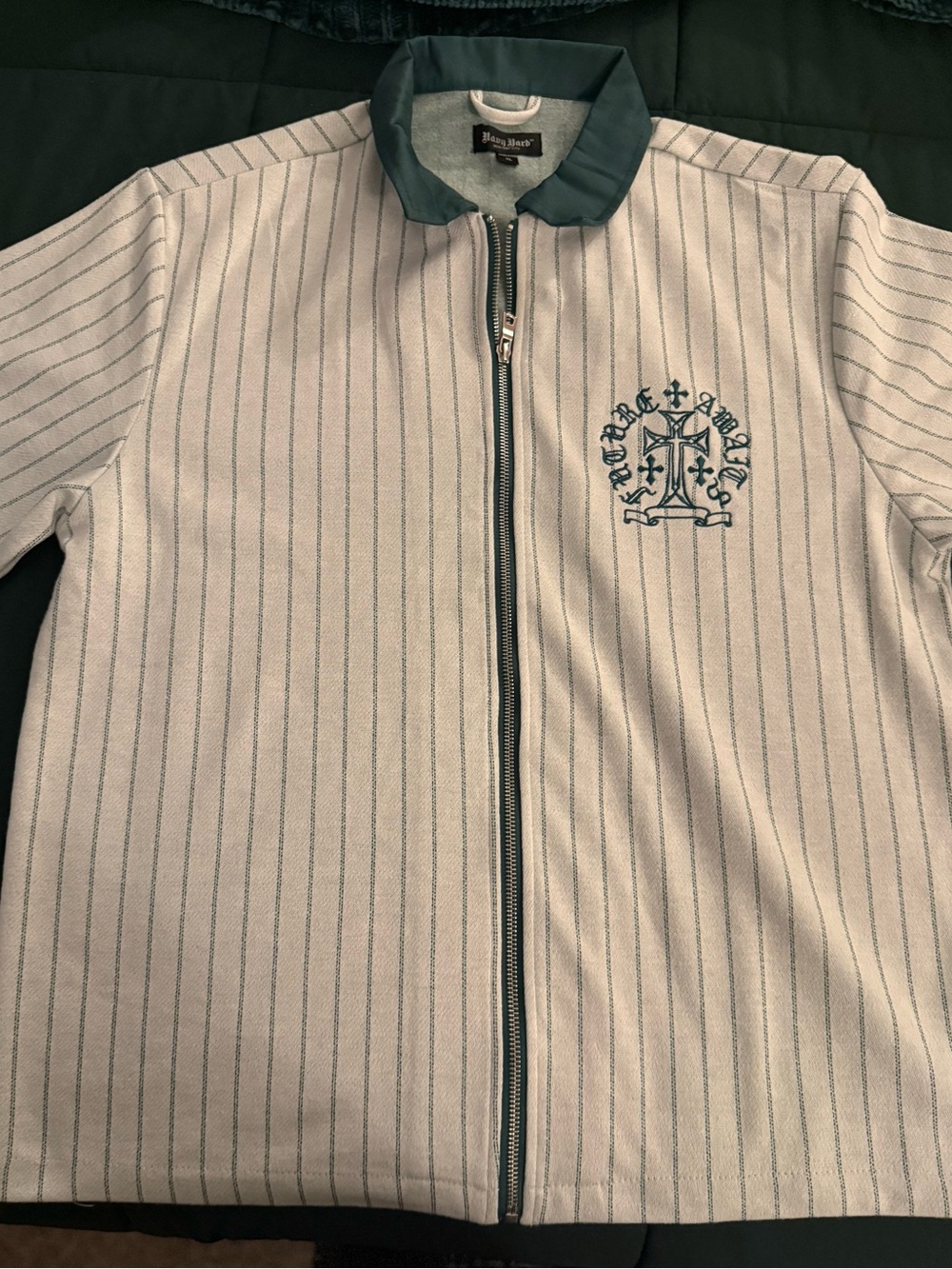 “Future Awaits” Navy Yard Green Pinstripe Zip-Up Collared Shirt